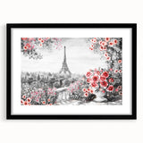 Extra large abstract art print of a colorful Parisian scene in a black frame, ideal for living room decor.