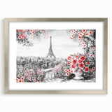 Extra large wall art featuring an abstract Paris scenery in textured gray and blue tones, framed in silver.