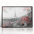 Large abstract wall art of Paris scenery in black acrylic frame, featuring mid-century modernist style.