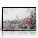 Large abstract wall art of Paris scenery in black acrylic frame, featuring mid-century modernist style.