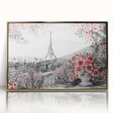 Art deco poster of Paris scenery with muted gold and blue tones on acrylic framed print, ideal for modern bedroom ambiance.