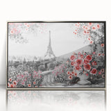 Acrylic print of Paris scenery in muted gray tones, framed in silver, suitable for modern art wall decor.