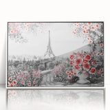 Mid-century modernist Parisian street scene in muted hues on a white-framed acrylic print, suitable for nursery wall art.