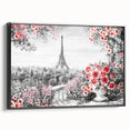 Black and white wall art featuring a vintage Paris landscape on framed canvas, ideal for bedroom decor.