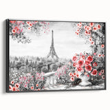 Black and white wall art featuring a vintage Paris landscape on framed canvas, ideal for bedroom decor.