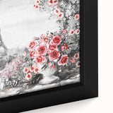 Extra large black wall art of a textured Paris scene in colorful art style on framed canvas, ideal for living room decor.