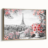 Framed canvas of a vintage Paris landscape in black and gold, ideal for bedroom wall art.