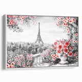 Vintage poster art of Paris scenery in vibrant colors on a large framed canvas, ideal for living room decor.