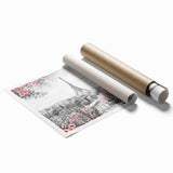 Extra large rolled print of Paris scenery with floral accents in muted colors, ideal for classy bathroom wall art.