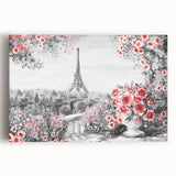 Black and white stretched canvas of Paris scenery, featuring the Eiffel Tower, ideal for kitchen wall art.