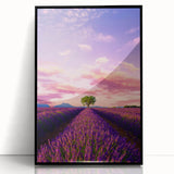 Large abstract wall art depicting a serene Provence landscape in muted blue and green tones, framed in black acrylic.