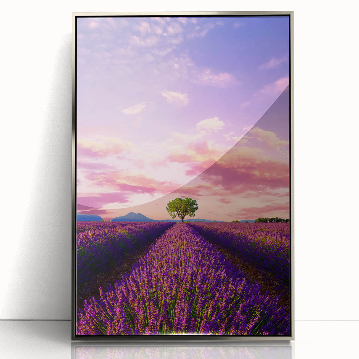 Large art print of a Provence, France landscape in mid-century modernist style, acrylic framed in silver.