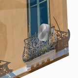 Large abstract wall art depicting a mid-century modernist French landscape in muted earth tones on acrylic glass.