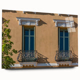 Large abstract wall art depicting a serene European landscape in muted blue and green tones, acrylic print.