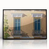 Large abstract wall art depicting a South France scenery in mid-century modernist style, framed in black acrylic.