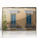 Art deco poster of a Southern France landscape in muted gold and blue tones, acrylic framed, ideal for nursery wall art.