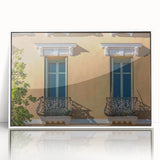 Mid-century modernist art depicting a serene South France landscape on a framed acrylic, with soft pastel shades.