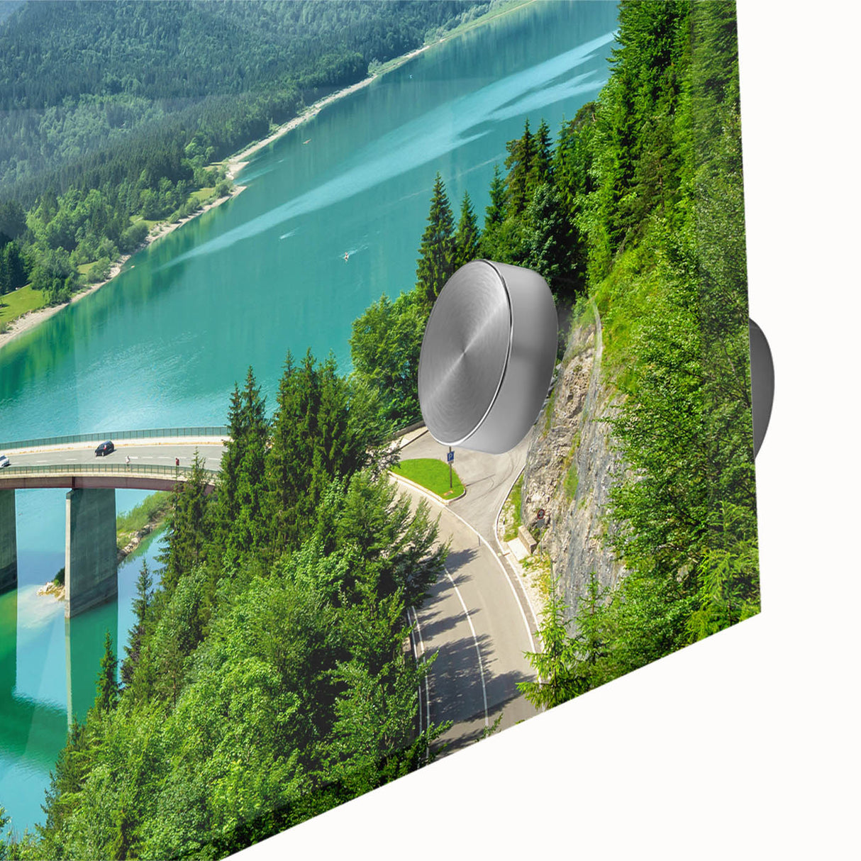 Large abstract wall art depicting a Bavarian landscape in muted earth tones on acrylic glass.