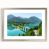 Extra large abstract art print of a Bavarian landscape in textured silver frame, ideal for living room decor.