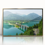 Art deco poster of Bavarian landscape in muted earth tones on a gold-framed acrylic, ideal for modern art wall decor.