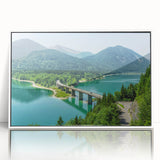 Mid-century modernist art of a Bavarian landscape in muted earth tones on a framed acrylic, suitable for nursery wall art.