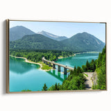 Framed canvas of a Bavarian landscape with muted green and blue tones in a vintage poster style, ideal for bedroom wall art.