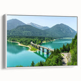 Vintage poster art of Bavaria scenery on extra large framed canvas, featuring colorful art against a black background.