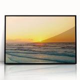 Large abstract wall art depicting a European scenery in Crete with muted earth tones, framed in black acrylic.