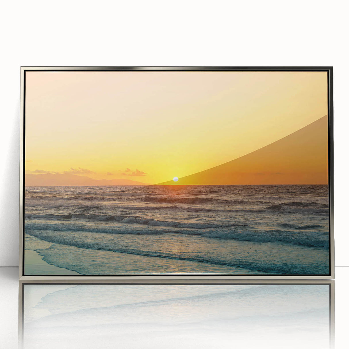 Acrylic print of a Crete, Greece scenery in muted earth tones, framed in silver, suited for modern art wall decor.