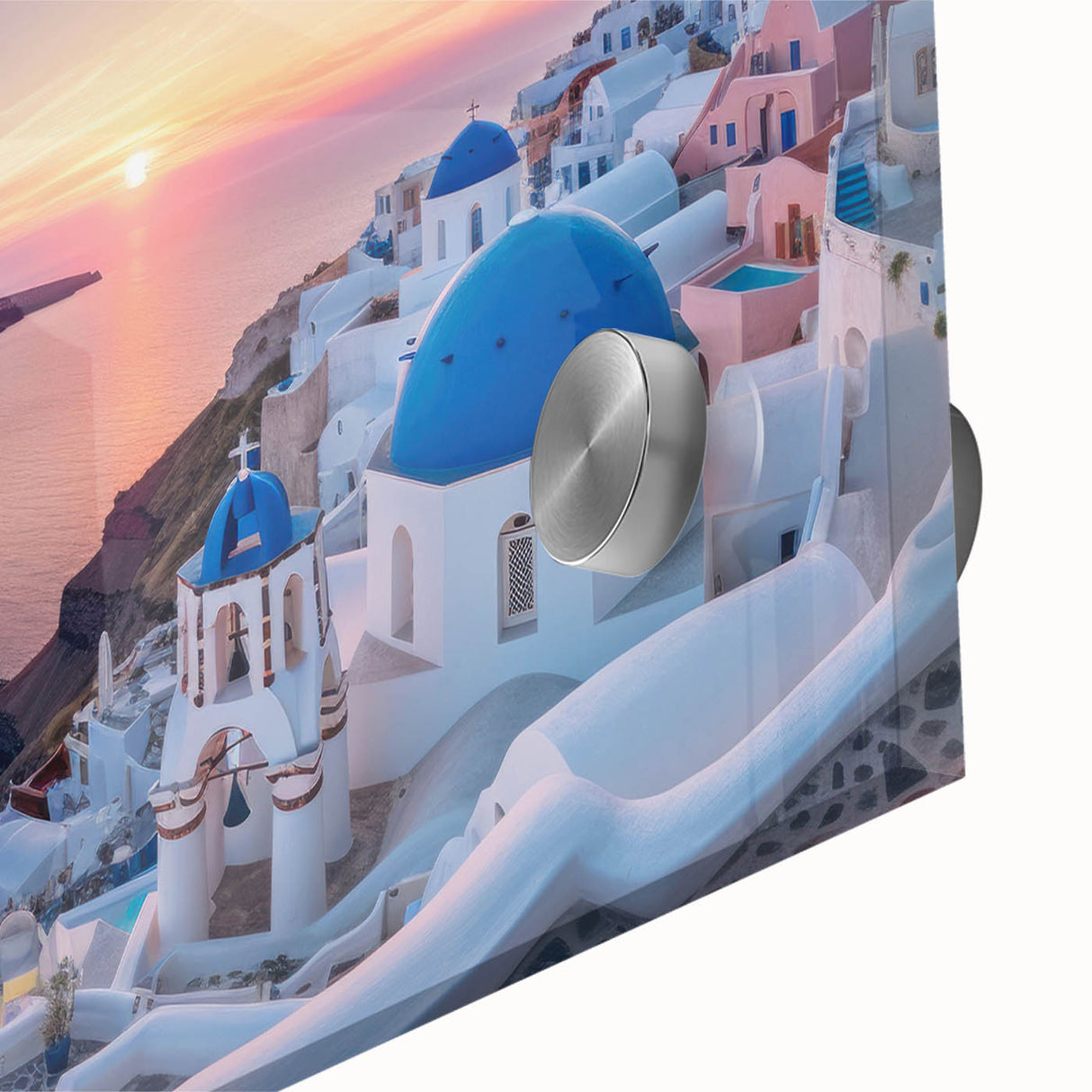 Acrylic print of Santorini scenery with vivid blue and white tones.