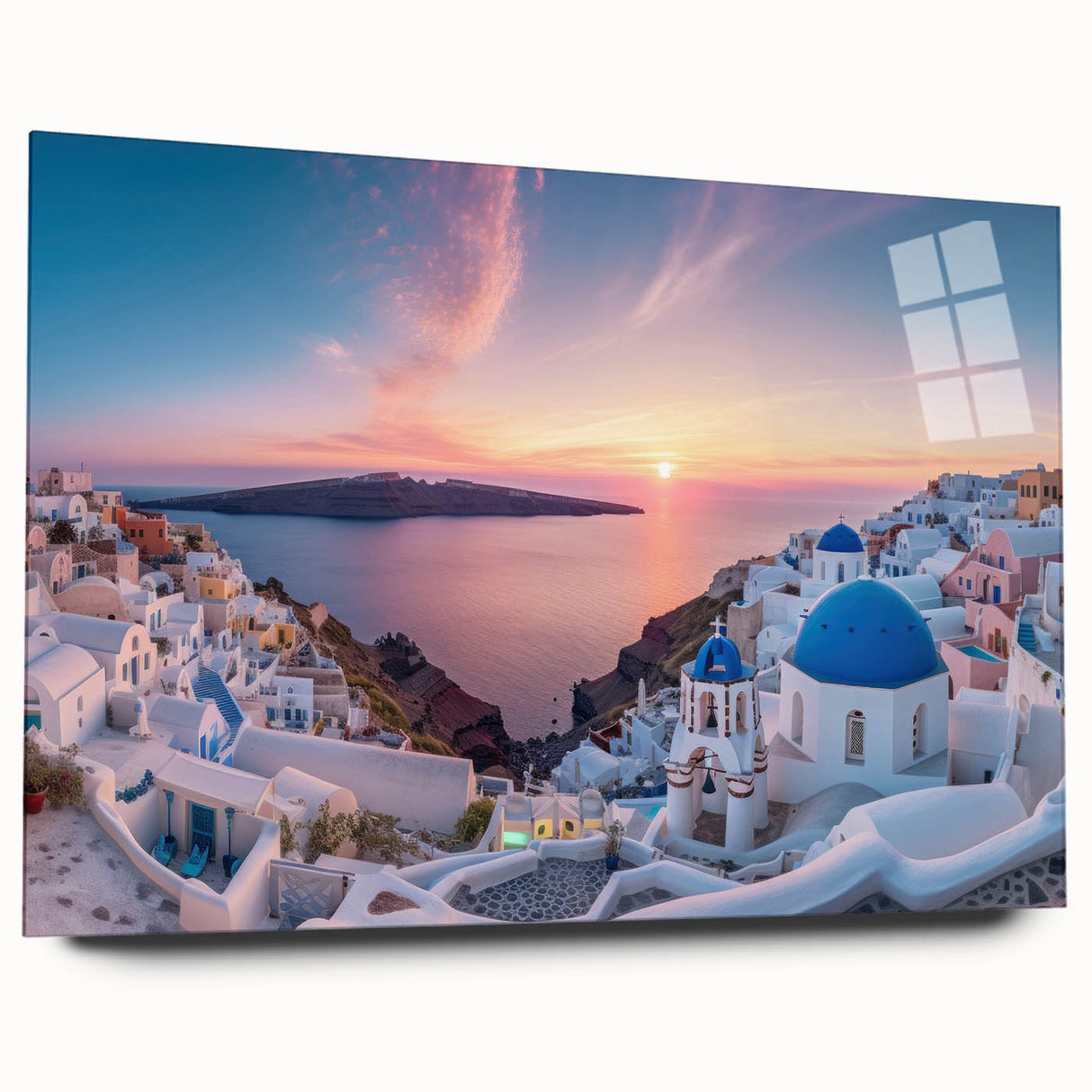 Acrylic print of Santorini scenery with blue and white tones, ideal for bedroom or dining room art.