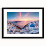 Extra large abstract art print of Santorini with vibrant blue and white hues on textured canvas, ideal for living room decor.