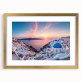 Abstract art print of Santorini with blue and white hues on a gold-framed canvas, ideal for dining room decor.