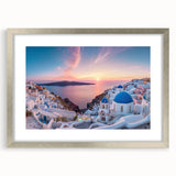 Extra large abstract art print of Santorini with textured details in blue and white, framed in silver.