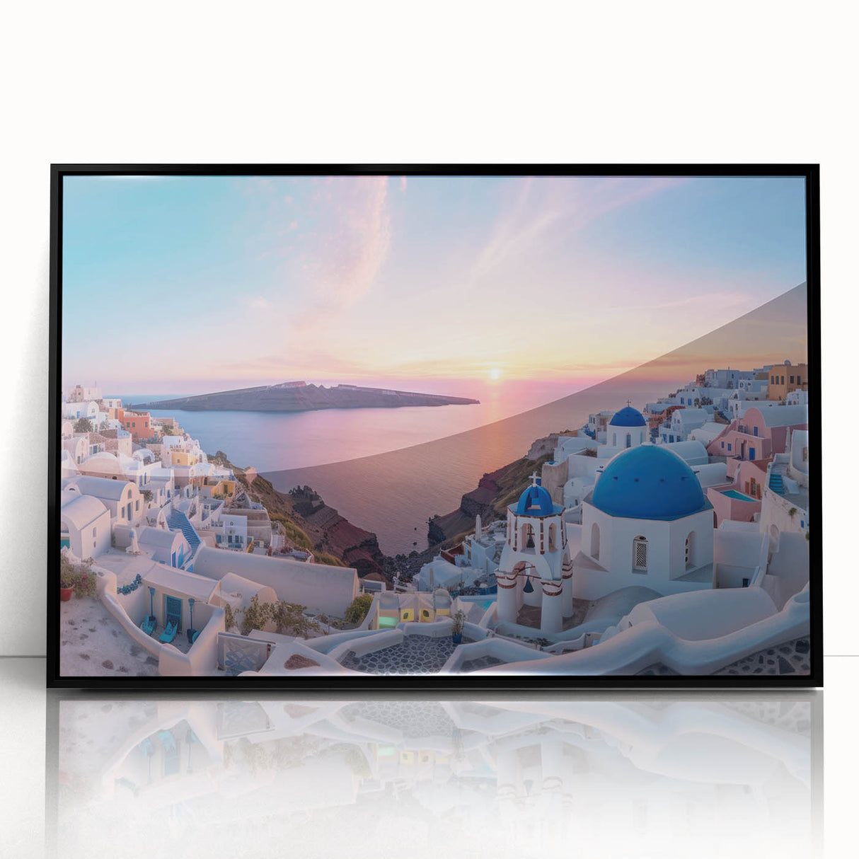 Large abstract wall art of the Santorini landscape in muted blue and white tones, framed in black acrylic.