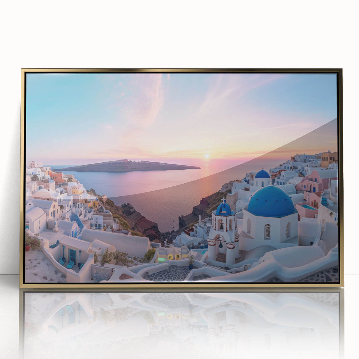 Framed acrylic print of Santorini landscape in soft blue and white tones, ideal for modern art wall decor.
