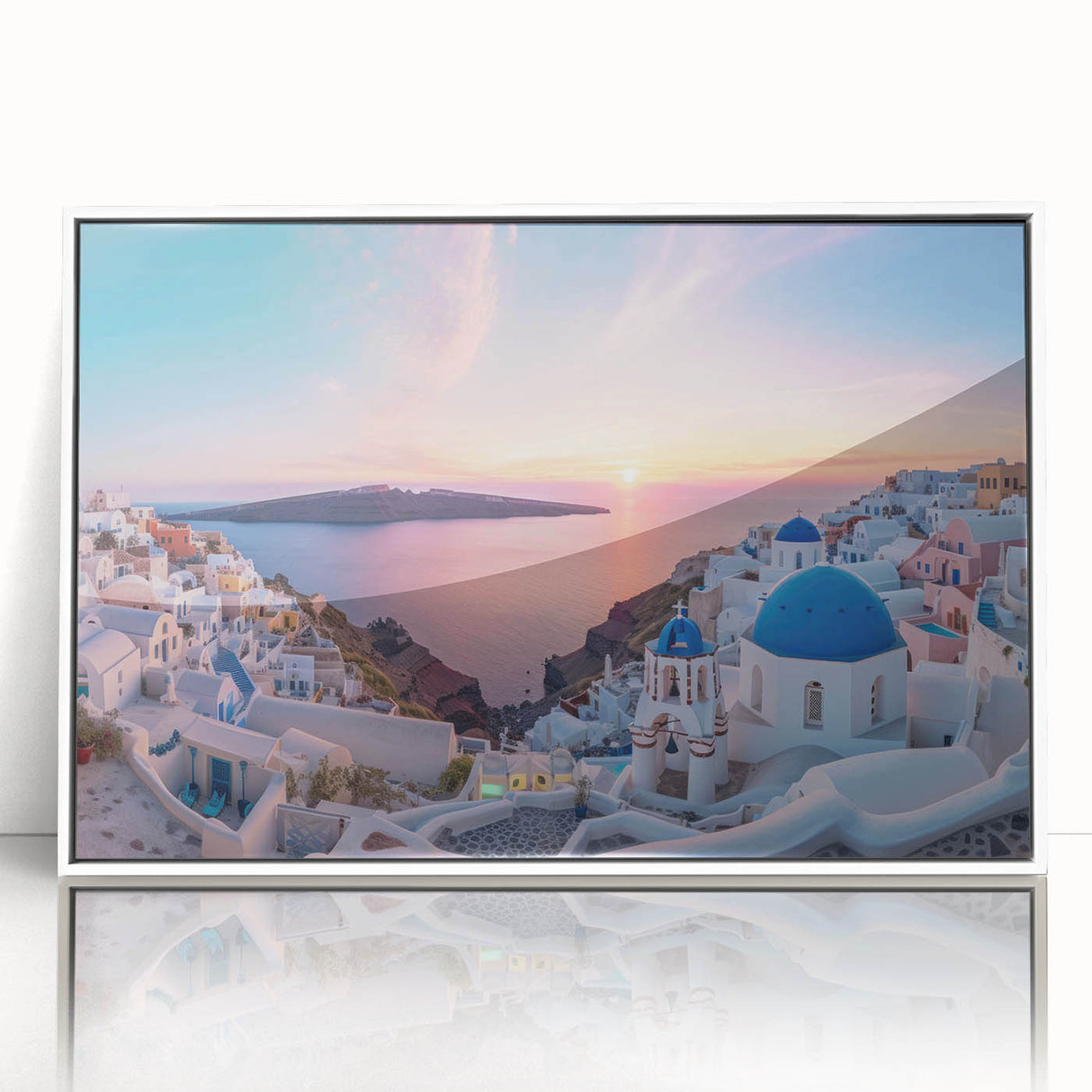 Mid-century modernist art depicting Santorini landscape in muted blue and white on a framed acrylic.