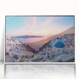 Mid-century modernist art depicting Santorini landscape in muted blue and white on a framed acrylic.
