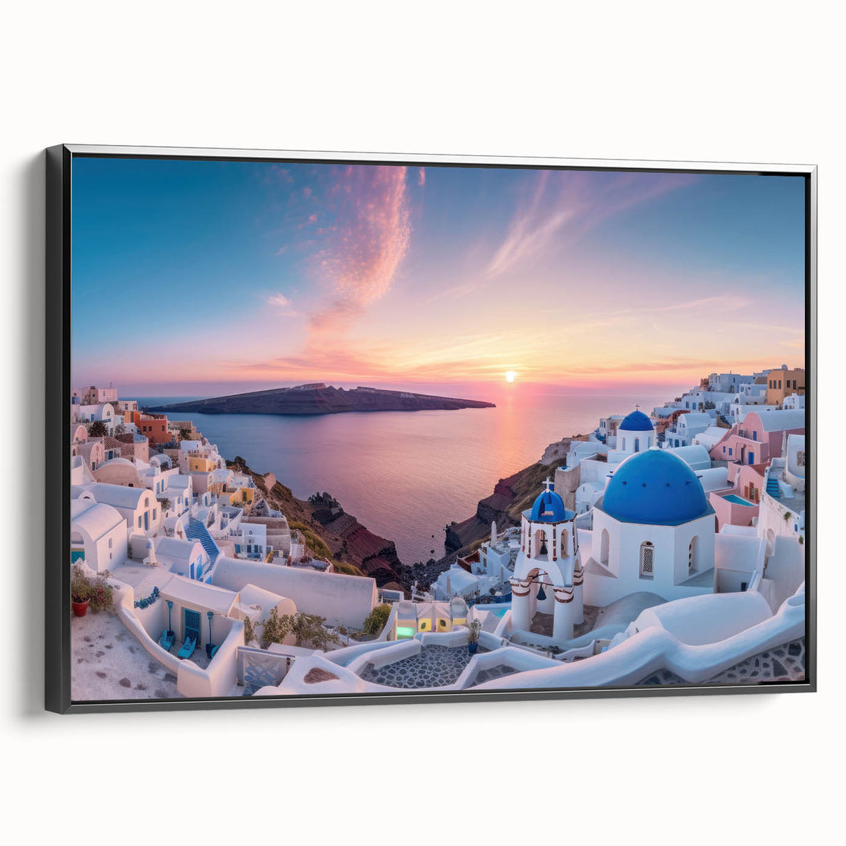 Black and white wall art of Santorini landscape on framed canvas, ideal for bedroom decor.