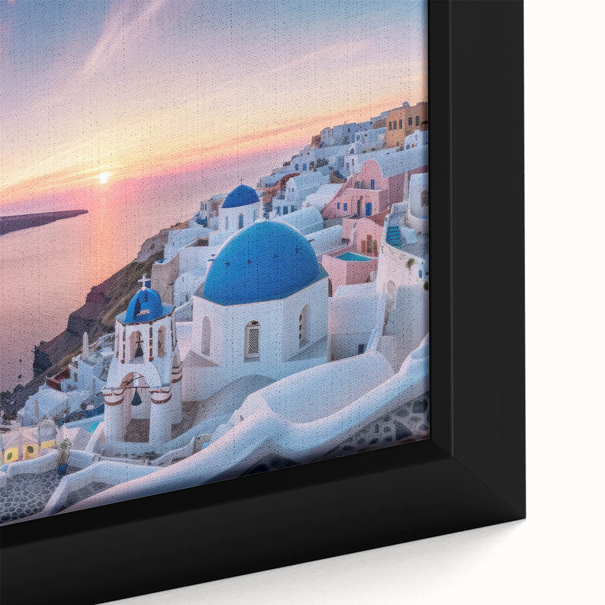 Framed canvas of a textured Santorini landscape in black with colorful accents, ideal for living room decor.