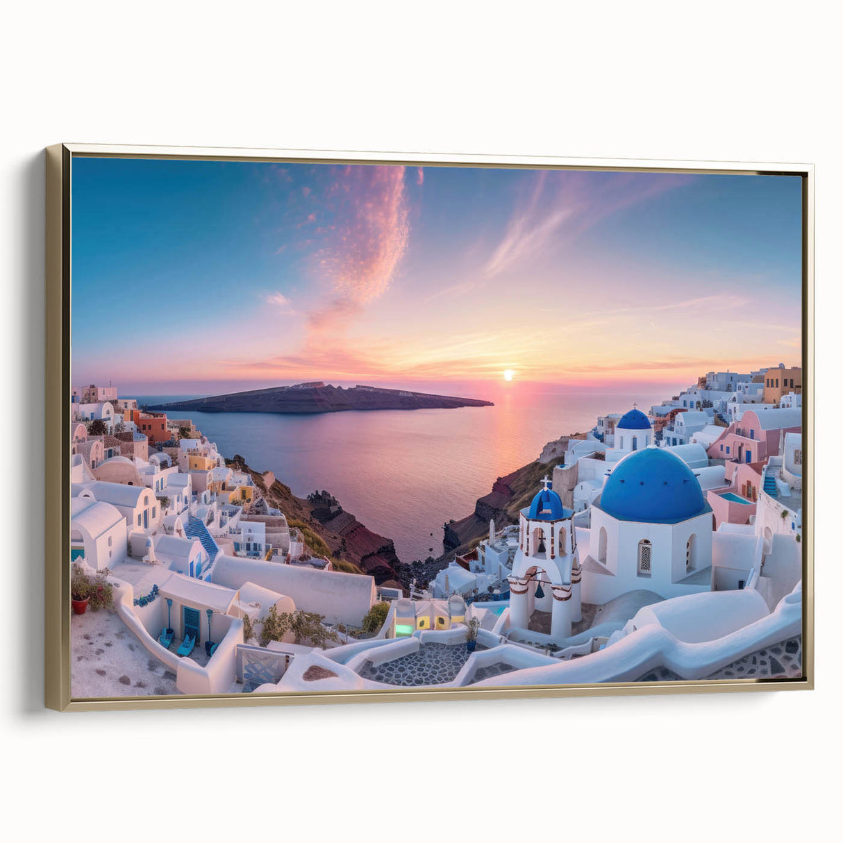 Framed canvas wall art depicting the Santorini landscape in muted blue and white tones, ideal for bedroom decor.
