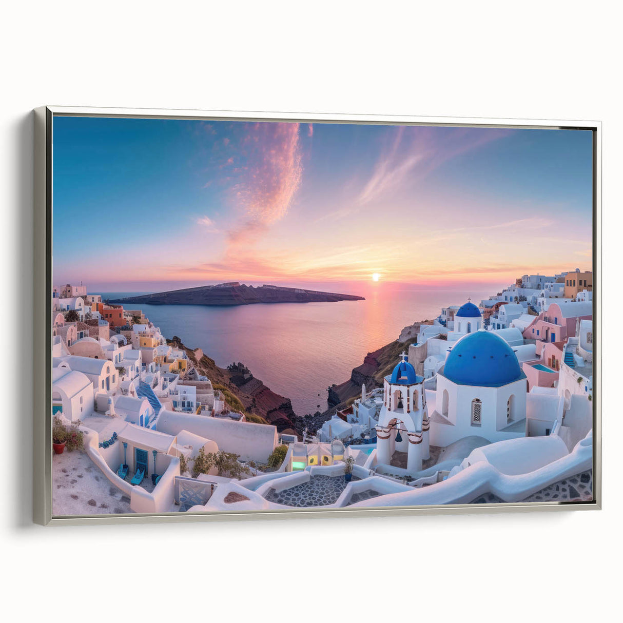 Framed canvas landscape art painting of Santorini with vibrant blue and white tones, ideal for living room decor.