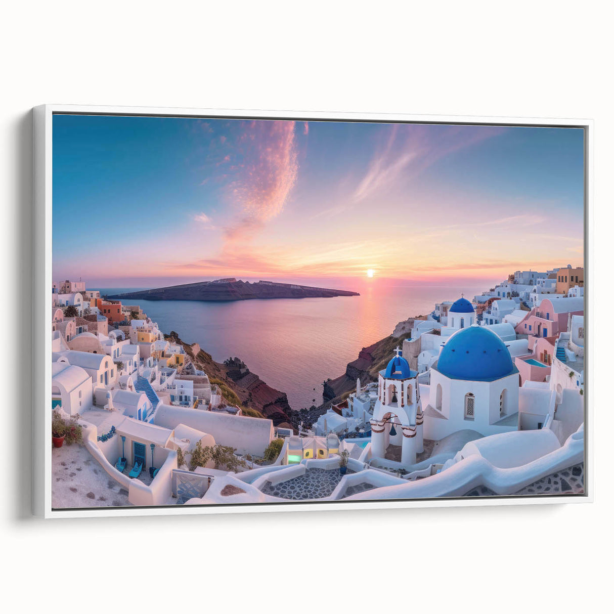 Vintage poster art of Santorini with vibrant blue and white tones on a framed canvas, ideal for living room decor.