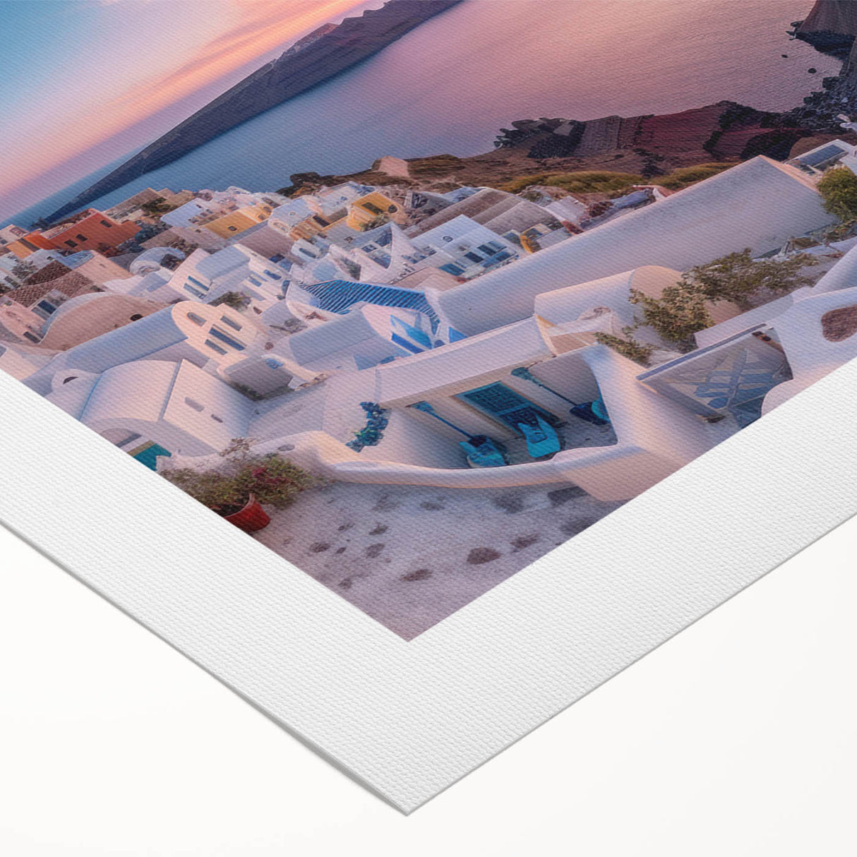 Art deco poster of Santorini landscape in pastel shades on rolled canvas, suitable for dining room wall art.