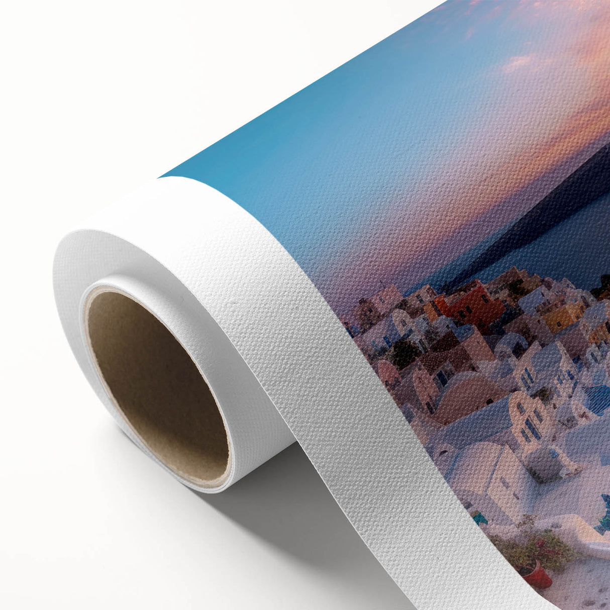 Art deco poster of Santorini scenery in pastel shades on rolled canvas, ideal for nursery wall art.