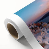 Art deco poster of Santorini scenery in pastel shades on rolled canvas, ideal for nursery wall art.