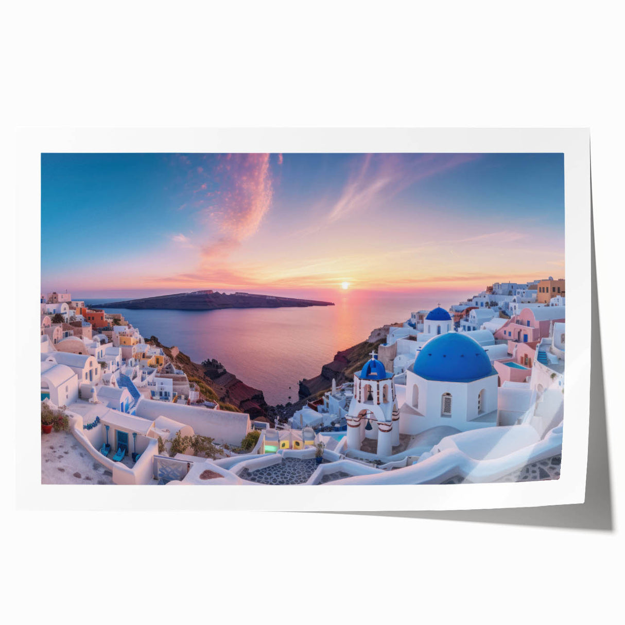 Extra large wall art of Santorini landscape on rolled canvas, featuring vibrant blue and white tones.