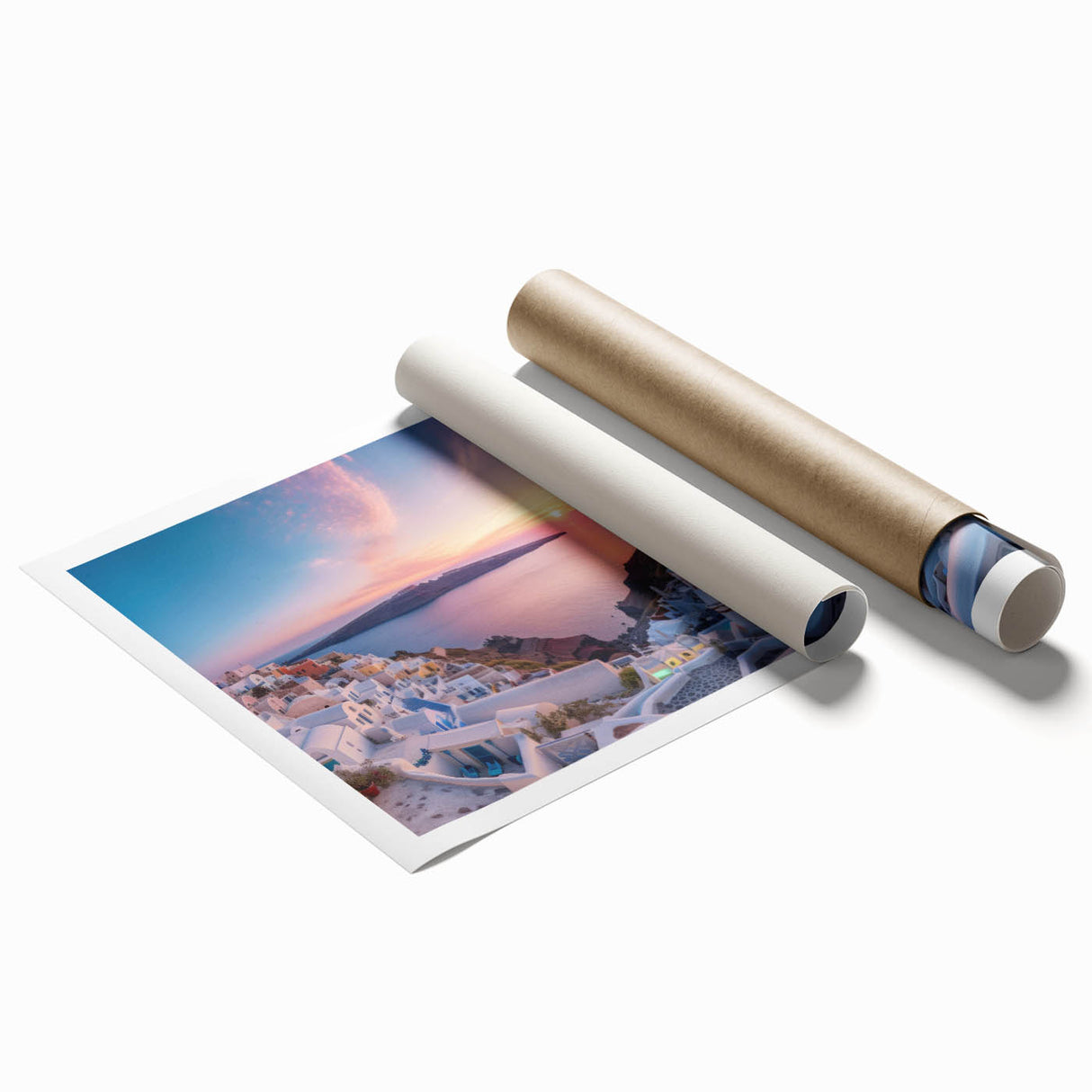 Extra large rolled print of Santorini landscape in pastel shades, ideal for classy bathroom wall art.