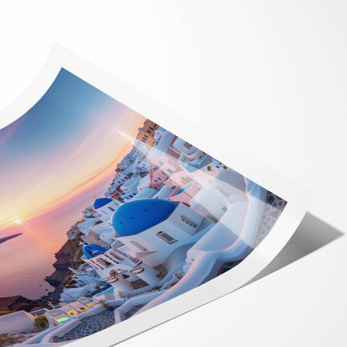 Extra large rolled print of Santorini scenery, featuring pastel shades, ideal for large living room wall art.