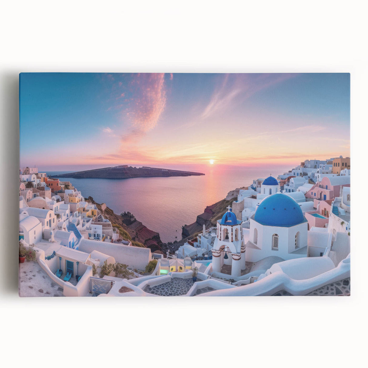 Black and white stretched canvas of Santorini landscape, ideal for kitchen wall art or bedroom ambiance.